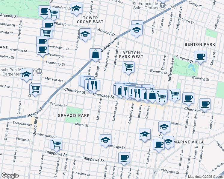 map of restaurants, bars, coffee shops, grocery stores, and more near 3332 Pennsylvania Avenue in St. Louis