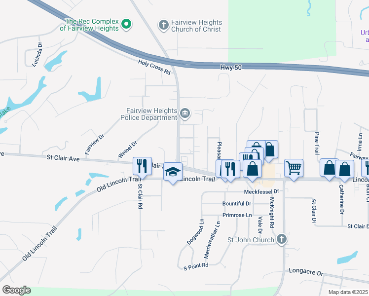 map of restaurants, bars, coffee shops, grocery stores, and more near 10055 Bunkum Road in Fairview Heights