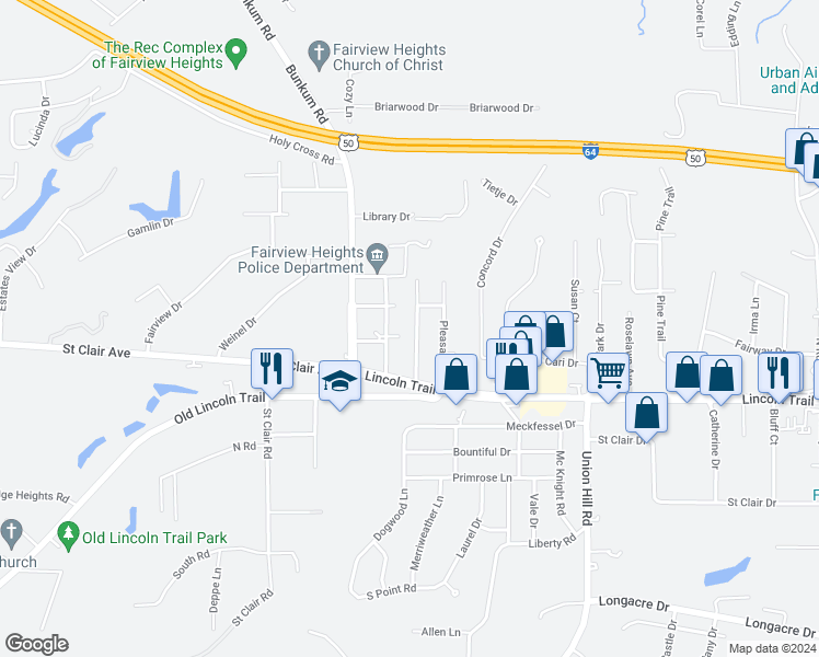 map of restaurants, bars, coffee shops, grocery stores, and more near 13 Sheryl Drive in Fairview Heights