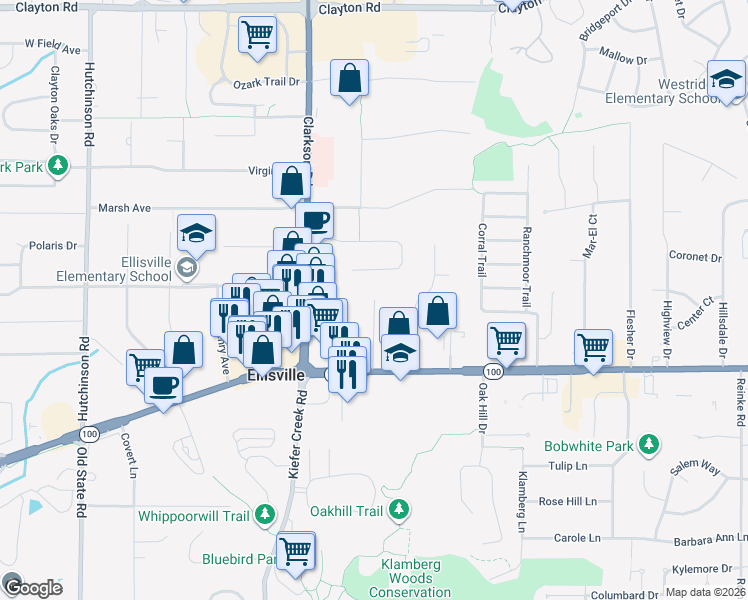map of restaurants, bars, coffee shops, grocery stores, and more near Devore Drive in Ellisville