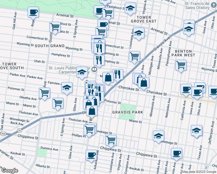 map of restaurants, bars, coffee shops, grocery stores, and more near 3405 Gravois Avenue in St. Louis