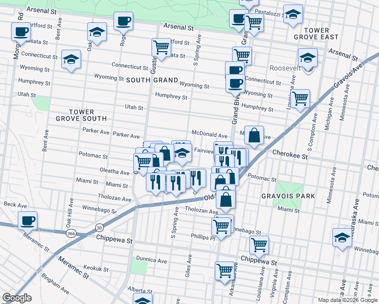 map of restaurants, bars, coffee shops, grocery stores, and more near 3455 South Spring Avenue in St. Louis