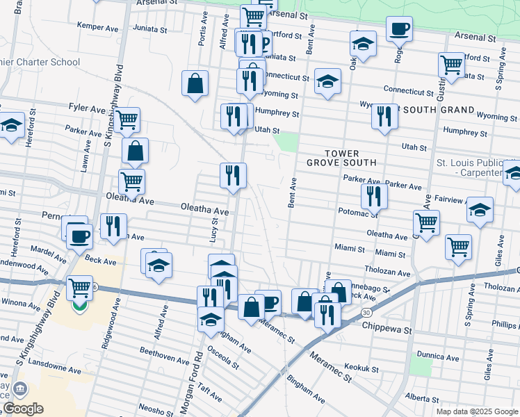 map of restaurants, bars, coffee shops, grocery stores, and more near 4253 Oleatha Avenue in St. Louis