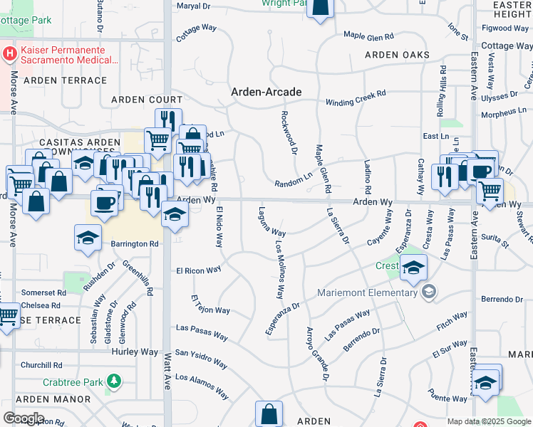 map of restaurants, bars, coffee shops, grocery stores, and more near 3713 Laguna Way in Sacramento
