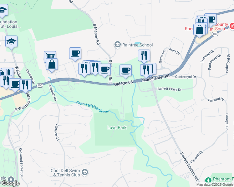 map of restaurants, bars, coffee shops, grocery stores, and more near 13700 Manchester Road in Ballwin
