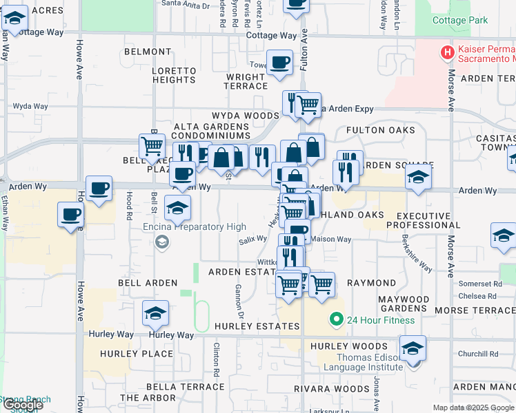 map of restaurants, bars, coffee shops, grocery stores, and more near 2424 Arden Way in Sacramento