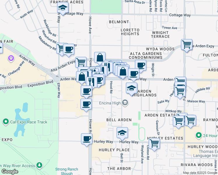 map of restaurants, bars, coffee shops, grocery stores, and more near 1601 Hood Road in Sacramento