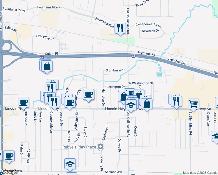 map of restaurants, bars, coffee shops, grocery stores, and more near 42 Crossroad Drive in Fairview Heights