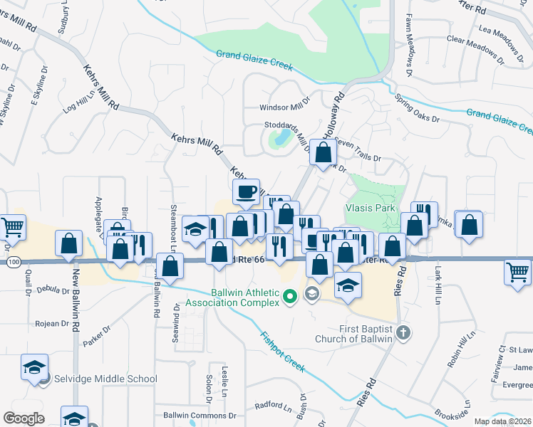 map of restaurants, bars, coffee shops, grocery stores, and more near in Ballwin