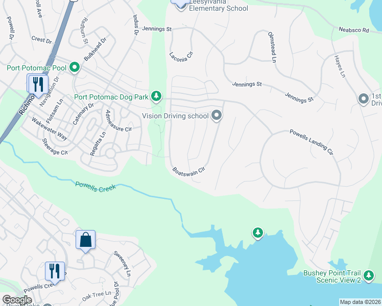 map of restaurants, bars, coffee shops, grocery stores, and more near 2428 Trimaran Way in Woodbridge
