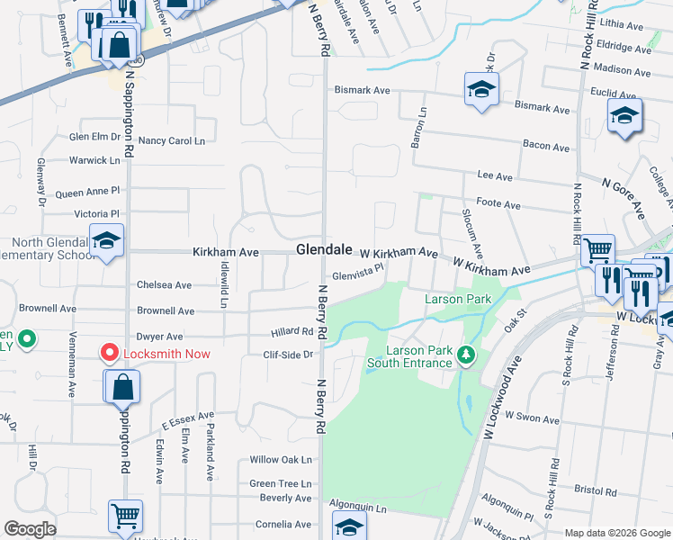 map of restaurants, bars, coffee shops, grocery stores, and more near 783 Glenvista Place in Saint Louis