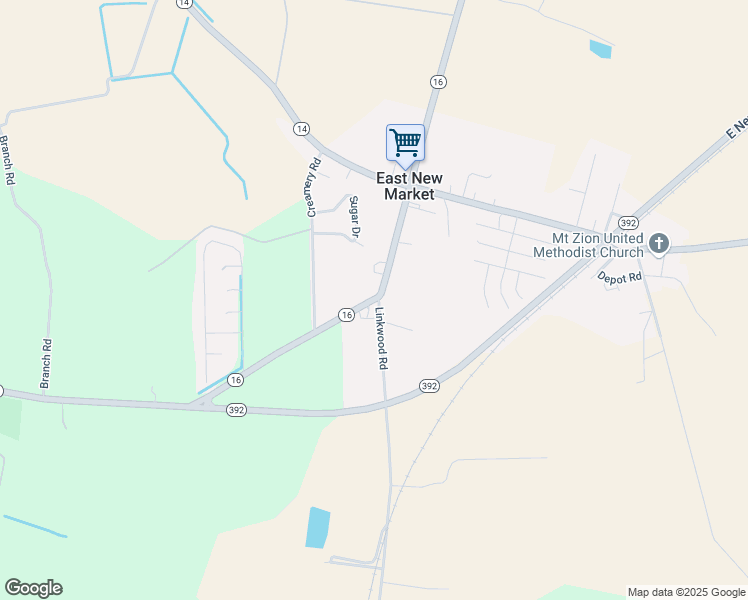 map of restaurants, bars, coffee shops, grocery stores, and more near 14 Highway 16 in East New Market