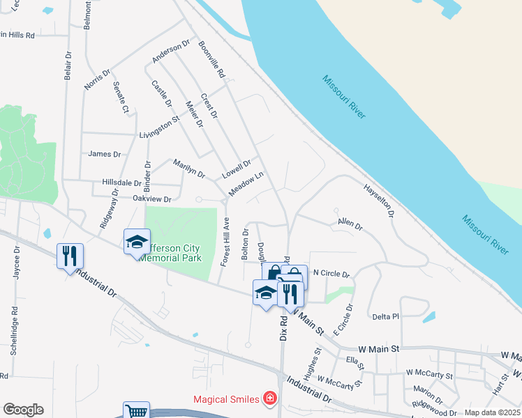 map of restaurants, bars, coffee shops, grocery stores, and more near 2009 Birch Drive in Jefferson City