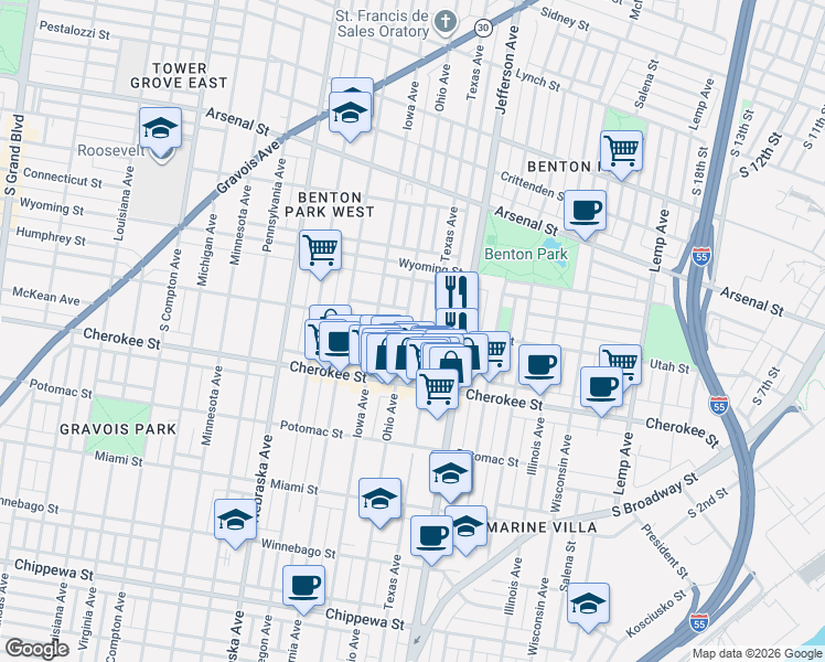 map of restaurants, bars, coffee shops, grocery stores, and more near 3305 Texas Avenue in St. Louis