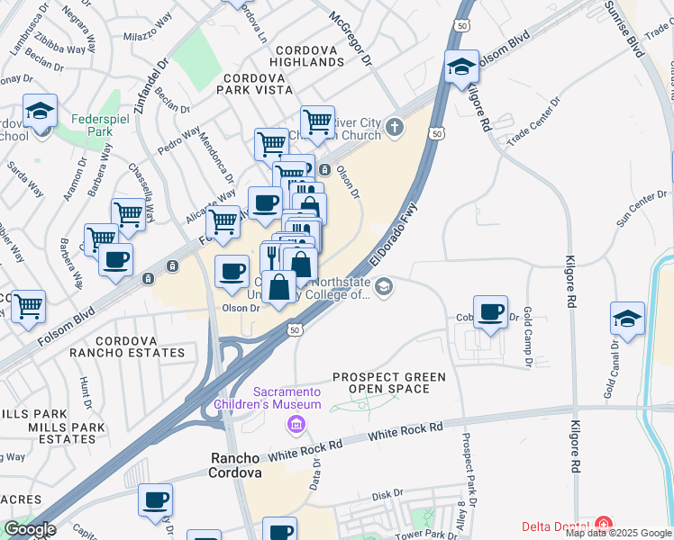 map of restaurants, bars, coffee shops, grocery stores, and more near 11000 Olson Dr in Rancho Cordova