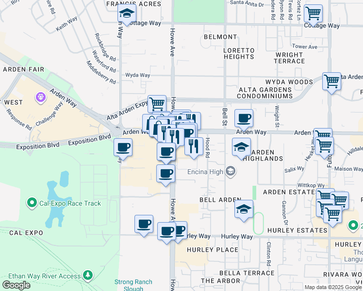 map of restaurants, bars, coffee shops, grocery stores, and more near 1608 Howe Avenue in Sacramento