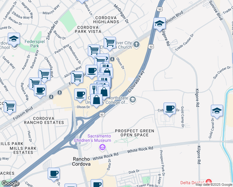 map of restaurants, bars, coffee shops, grocery stores, and more near 11000 Olson Dr in Rancho Cordova