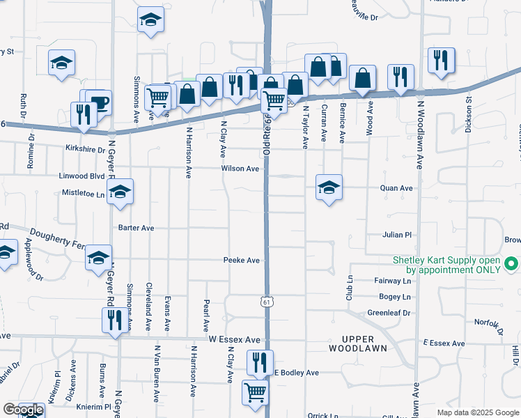 map of restaurants, bars, coffee shops, grocery stores, and more near 851 North Kirkwood Road in Kirkwood