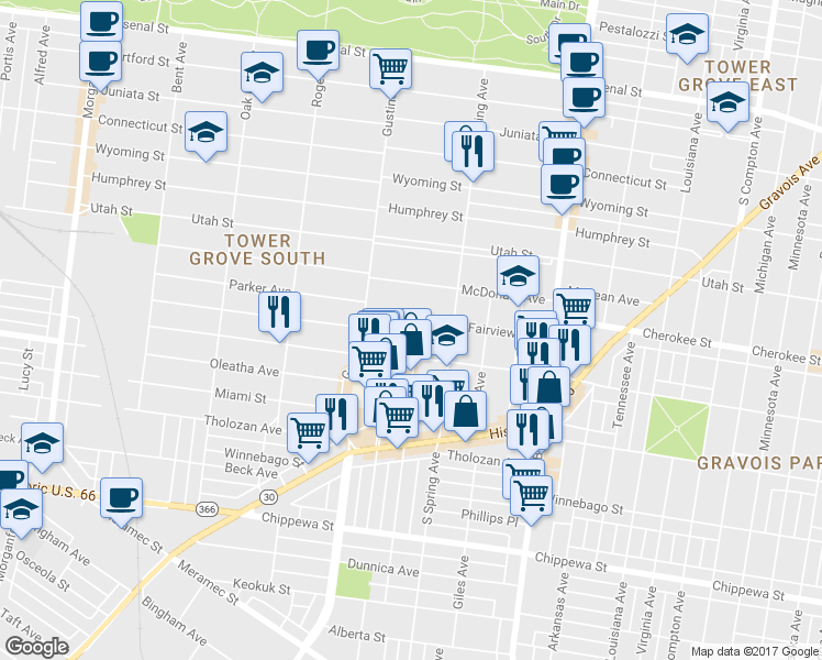 map of restaurants, bars, coffee shops, grocery stores, and more near 3844 Fairview Avenue in Saint Louis