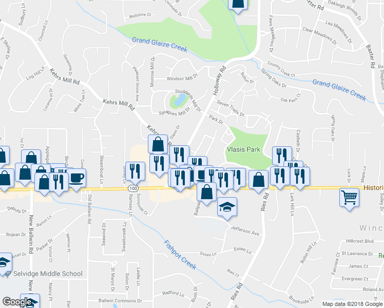 map of restaurants, bars, coffee shops, grocery stores, and more near 300 Kehrs Mill Bend Court in Ballwin