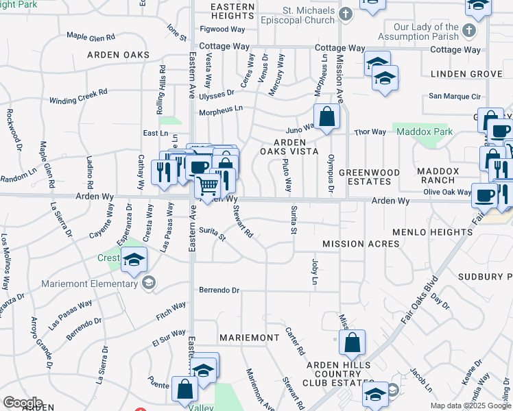 map of restaurants, bars, coffee shops, grocery stores, and more near 4412 Arden Way in Sacramento