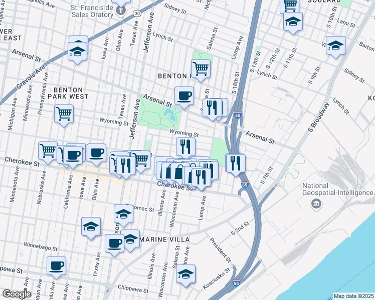 map of restaurants, bars, coffee shops, grocery stores, and more near 1956 Withnell Avenue in St. Louis