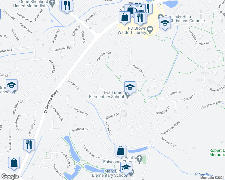 map of restaurants, bars, coffee shops, grocery stores, and more near 1535 Bryan Court in Waldorf