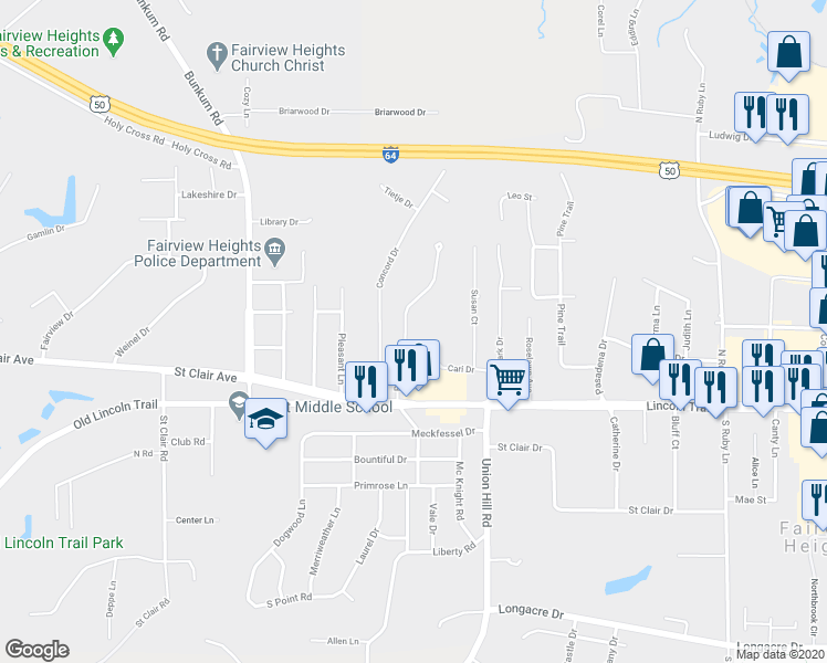 map of restaurants, bars, coffee shops, grocery stores, and more near 22 Potomac Drive in Fairview Heights