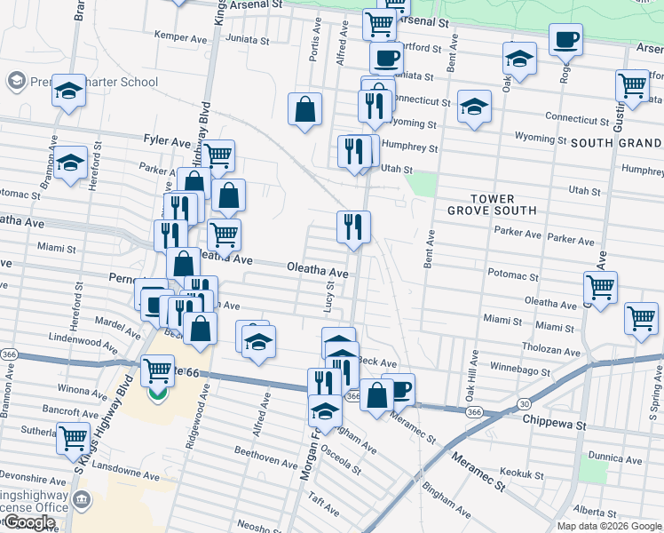 map of restaurants, bars, coffee shops, grocery stores, and more near 4333 Oleatha Avenue in St. Louis