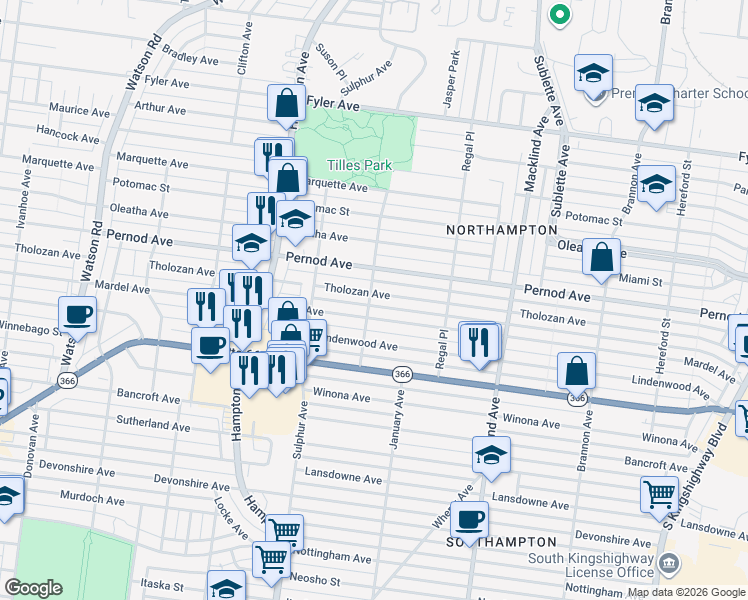 map of restaurants, bars, coffee shops, grocery stores, and more near 5670 Tholozan Avenue in St. Louis