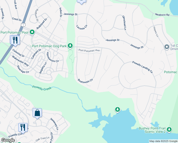 map of restaurants, bars, coffee shops, grocery stores, and more near 16401 Topsail Lane in Woodbridge