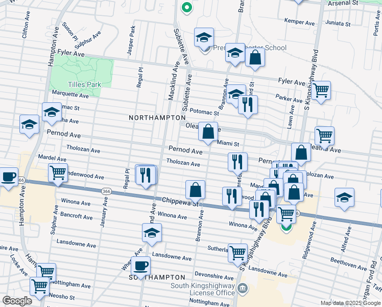 map of restaurants, bars, coffee shops, grocery stores, and more near 5240 Pernod Avenue in St. Louis