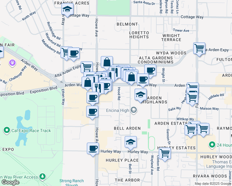 map of restaurants, bars, coffee shops, grocery stores, and more near 1621 Hood Road in Sacramento
