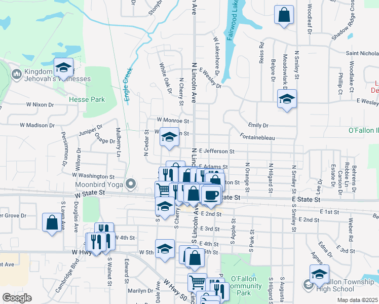 map of restaurants, bars, coffee shops, grocery stores, and more near 307 North Lincoln Avenue in O'Fallon