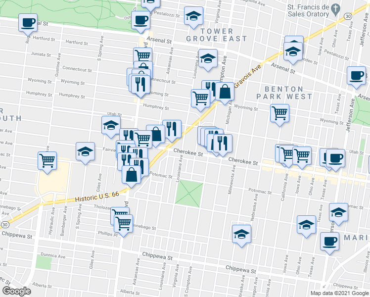 map of restaurants, bars, coffee shops, grocery stores, and more near 3311 Cherokee Street in St. Louis