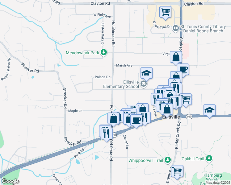 map of restaurants, bars, coffee shops, grocery stores, and more near 84 Hutchinson Road in Ellisville