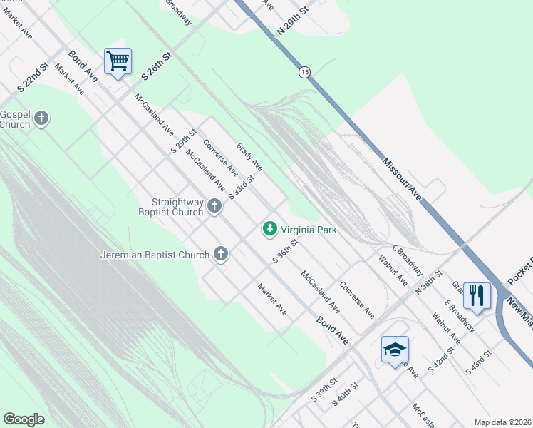 map of restaurants, bars, coffee shops, grocery stores, and more near 3505 Converse Avenue in East St. Louis