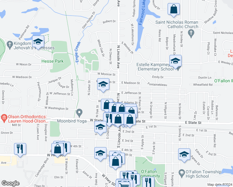 map of restaurants, bars, coffee shops, grocery stores, and more near 307 North Lincoln Avenue in O'Fallon