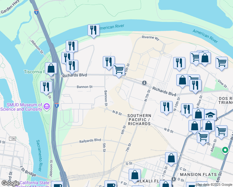 map of restaurants, bars, coffee shops, grocery stores, and more near 445 Bannon Street in Sacramento