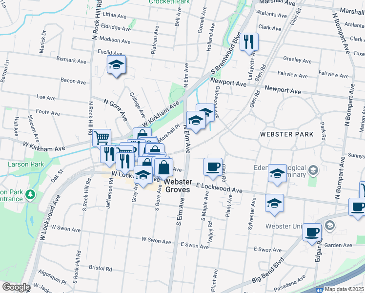 map of restaurants, bars, coffee shops, grocery stores, and more near 101 North Elm Avenue in Webster Groves