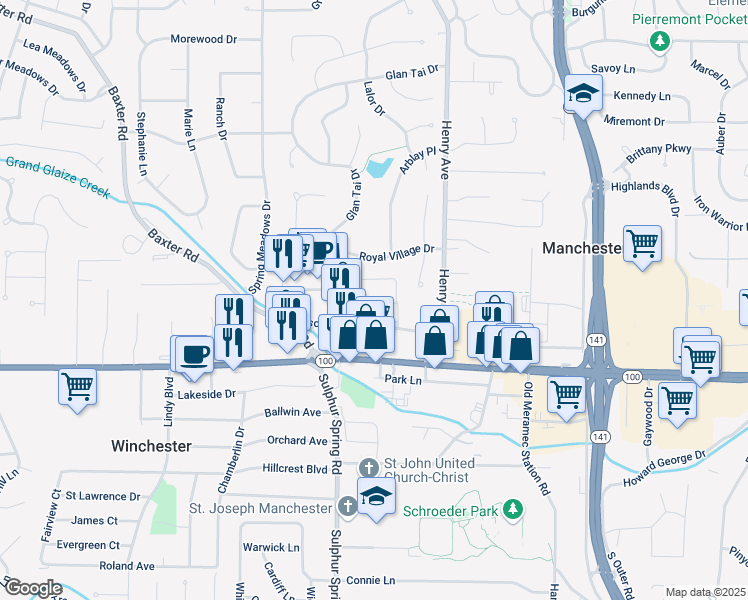 map of restaurants, bars, coffee shops, grocery stores, and more near 14425 Andersohn Drive in Manchester