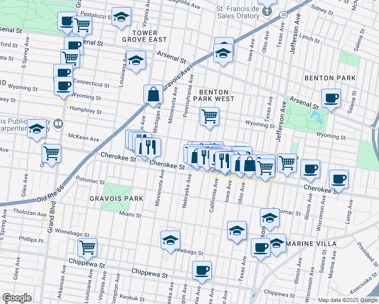 map of restaurants, bars, coffee shops, grocery stores, and more near 3323 Nebraska Avenue in St. Louis