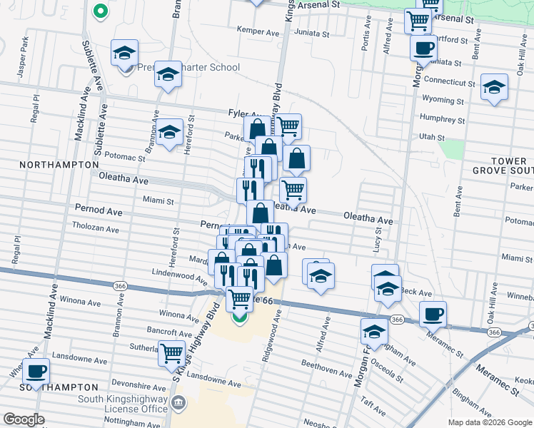 map of restaurants, bars, coffee shops, grocery stores, and more near 4821 Miami Street in St. Louis