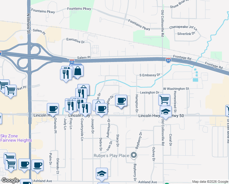 map of restaurants, bars, coffee shops, grocery stores, and more near 24 Lexington Drive in Fairview Heights