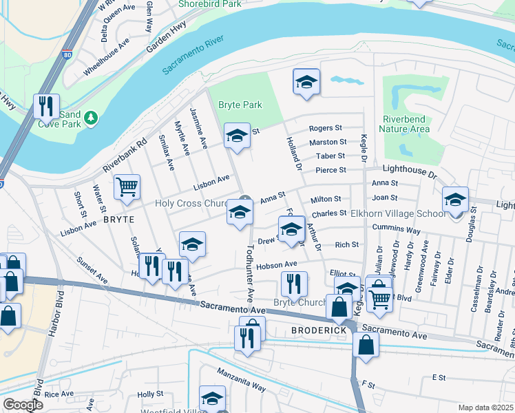 map of restaurants, bars, coffee shops, grocery stores, and more near 701 Todhunter Avenue in West Sacramento