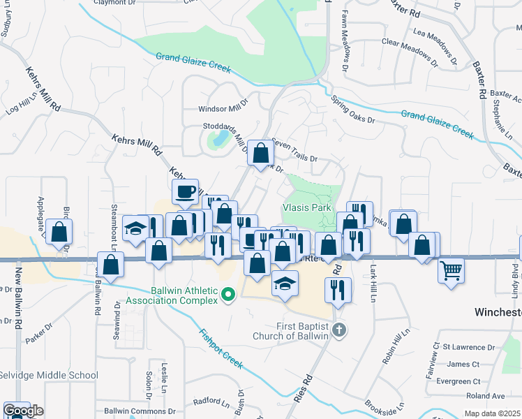 map of restaurants, bars, coffee shops, grocery stores, and more near 124 Kehrs Mill Trail in Ballwin