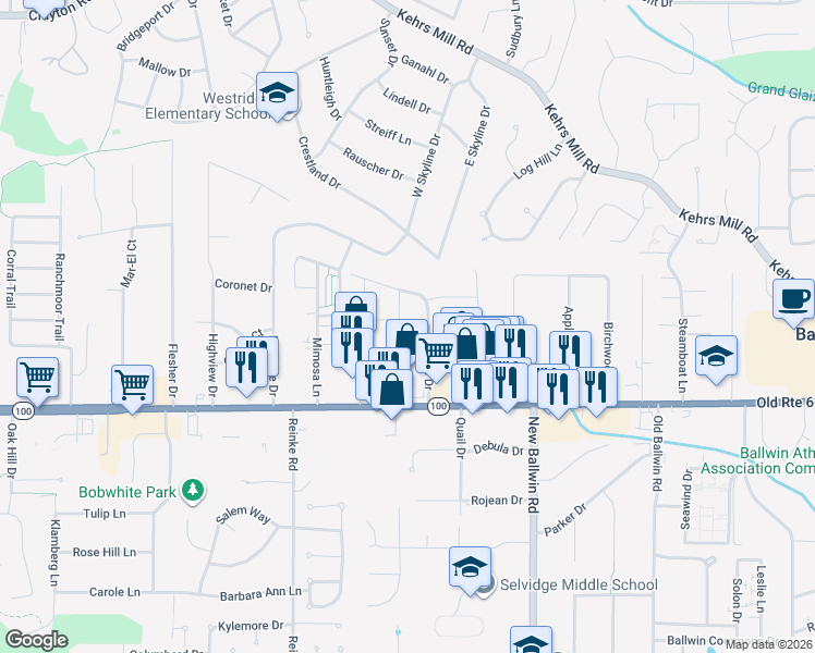 map of restaurants, bars, coffee shops, grocery stores, and more near 133 Romine Circle in Ballwin