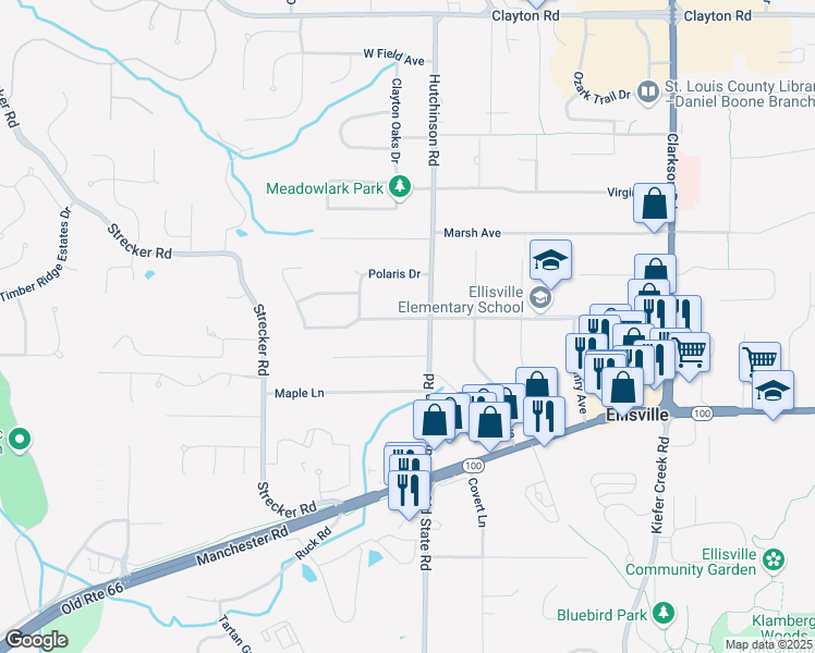map of restaurants, bars, coffee shops, grocery stores, and more near 1508 Froesel Drive in Ellisville