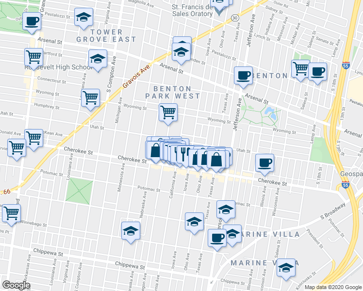 map of restaurants, bars, coffee shops, grocery stores, and more near in St. Louis