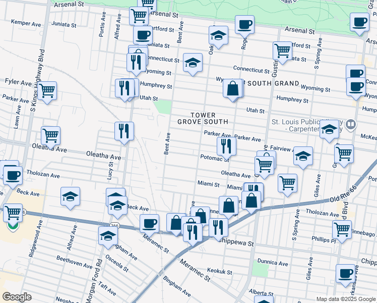 map of restaurants, bars, coffee shops, grocery stores, and more near 4140 Potomac Street in St. Louis